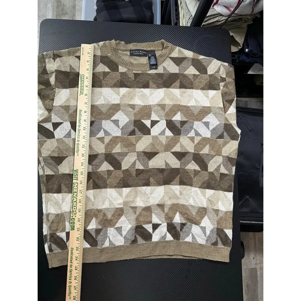 Vintage Geometric Print Wool Blend Crew Sweater Knit Brown Large Crazy Horse
